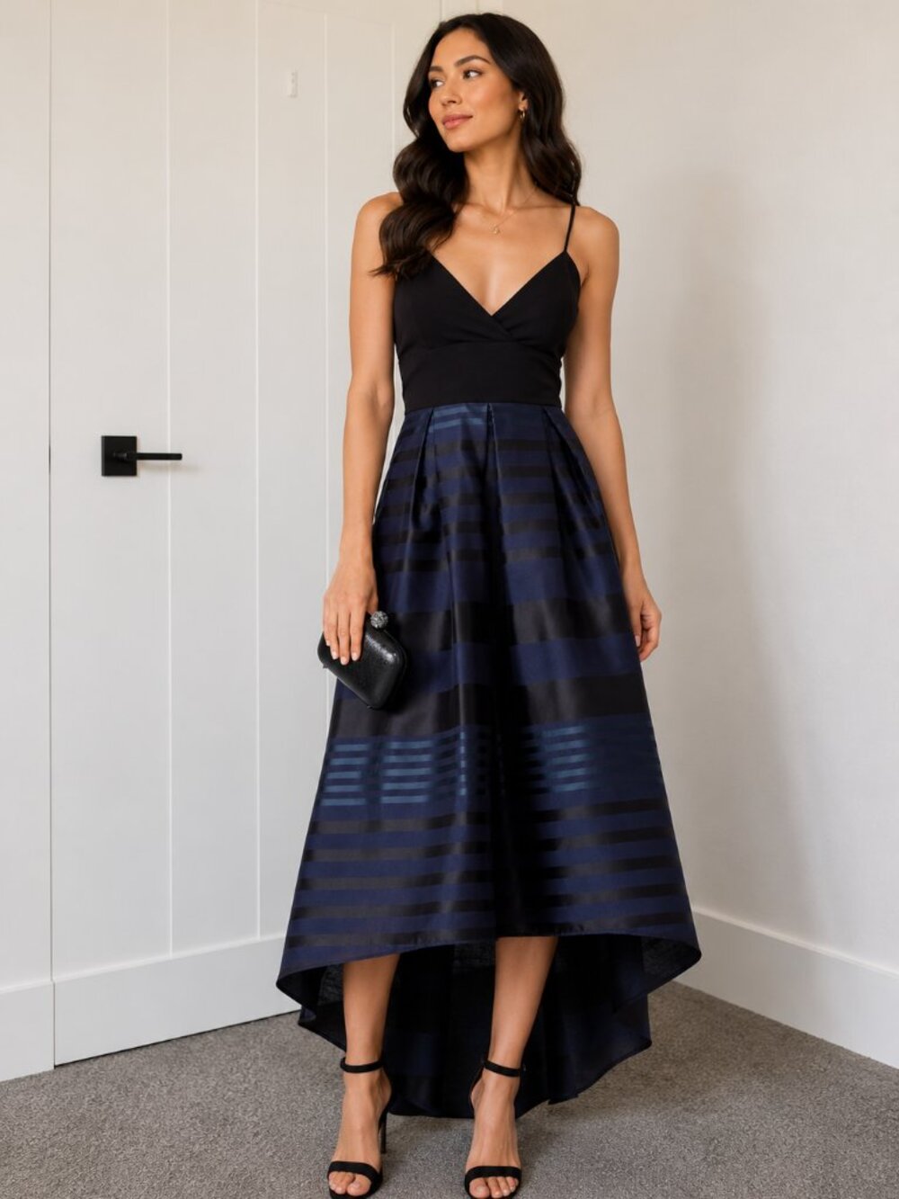 Slate & Willow Navy V Neck High Low Formal Gown with Pockets